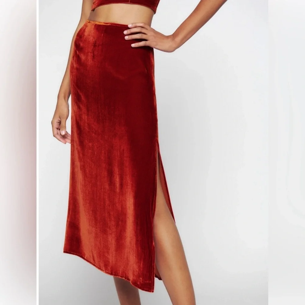 Reformation Copper Velvet Midi Skirt with Side Slit